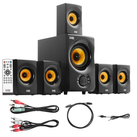 Acoustic Audio AA5170 700W Bluetooth Home Theater 5.1 Speaker System with FM Tuner, USB, SD Card, Remote Control, Powered Sub (6 Speakers, 5.1 Channels, Black with Gold)