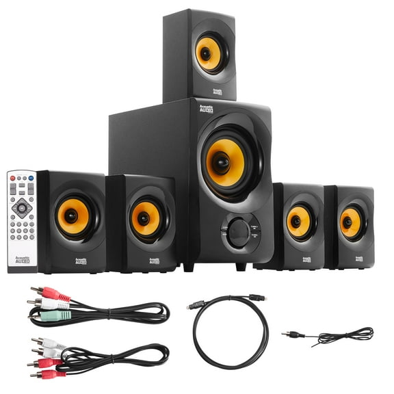 Acoustic Audio AA5170 700W Bluetooth Home Theater 5.1 Speaker System with FM Tuner, USB, SD Card, Remote Control, Powered Sub (6 Speakers, 5.1 Channels, Black with Gold)