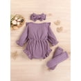 thumbnail image 3 of vera natura Baby Girls Rompers Solid Color Ruffles Buttons Long Sleeve Ribbed Knit Bodysuits with Headband and Leg Warmers, 3 of 8