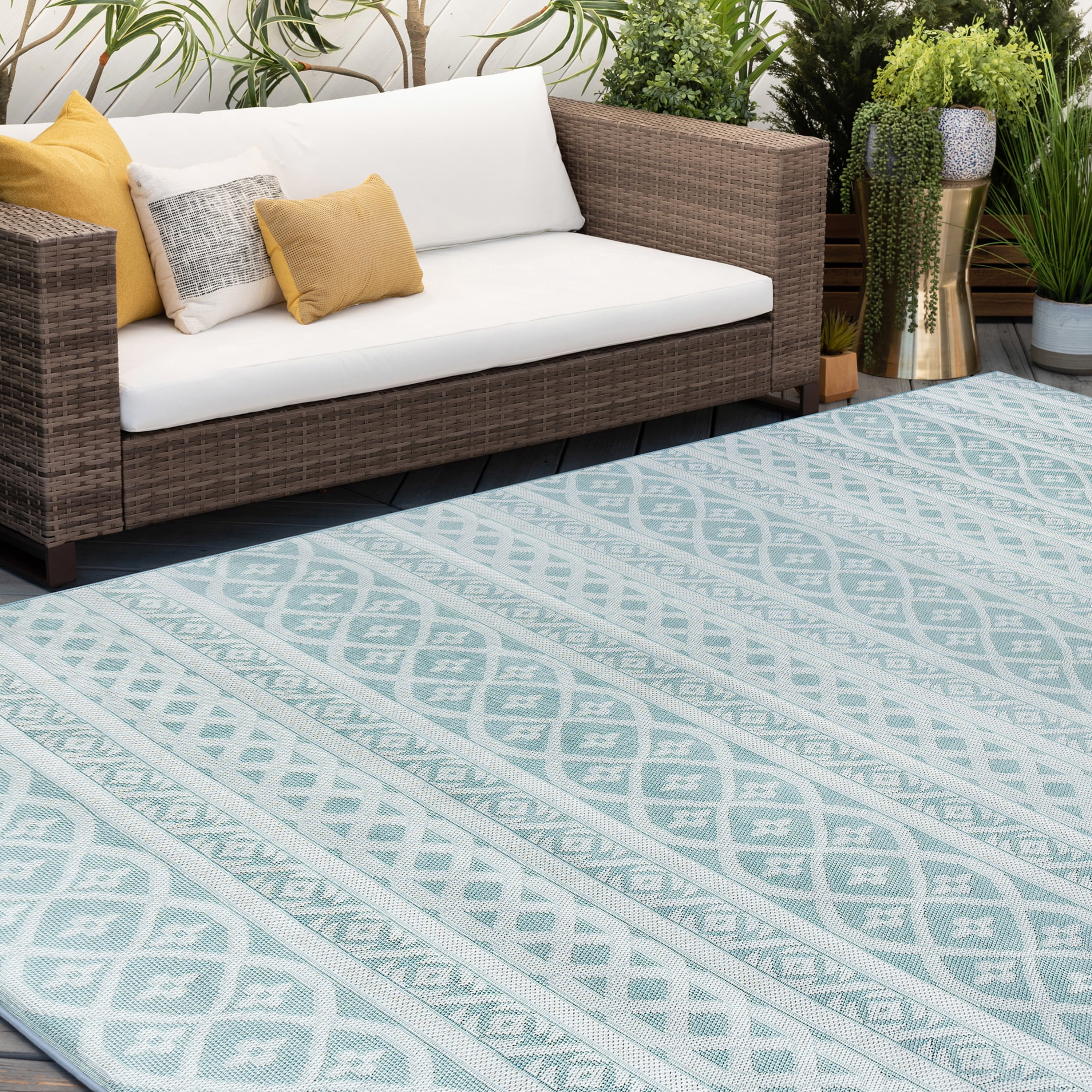 8ft Round Water Resistant, Large Indoor Outdoor Rugs for Patios, Front Door Entry, Entryway, Deck, Porch, Balcony | Outside Area Rug for Patio | Aqua, Stripe | Size: 7'11'' Round