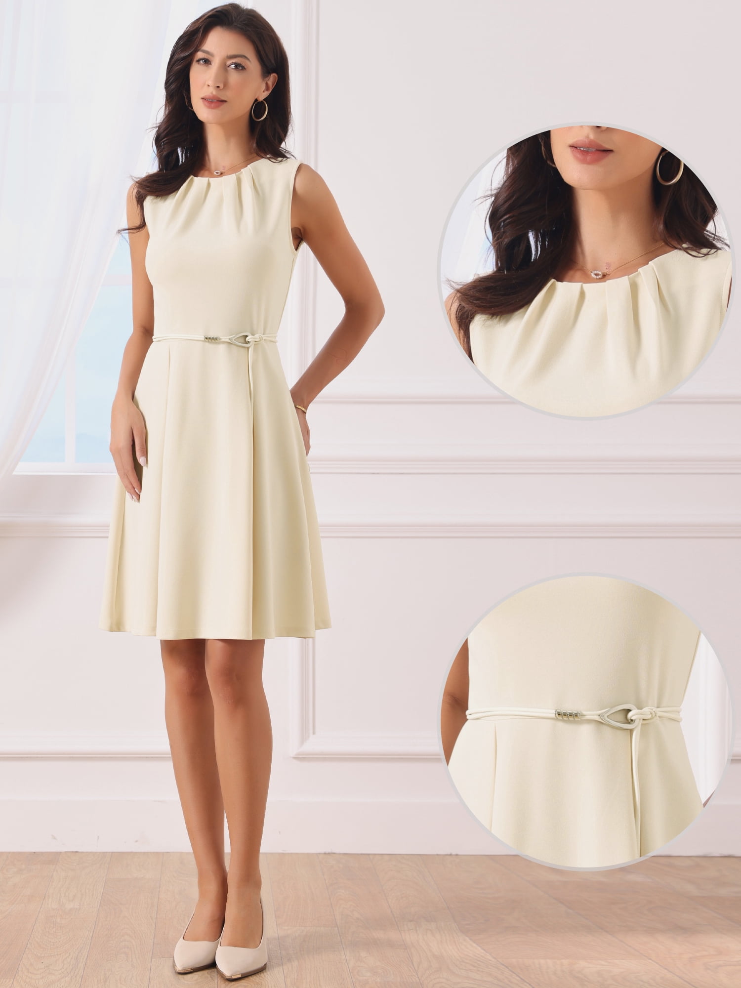 DARING DIVA Women's Elegant Work Sleeveless Pleated A-line Crew Neck Midi Dress S Beige