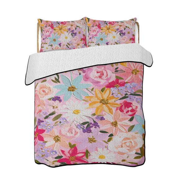 Quilts Queen Size Bedding Set, Spring Floral Reversible Summer Quilt 3 Pieces, Vintage Oil Painting Botanical Flowers Lightweight Bedspreads Coverlets with 2 Pillow Shams for All Seasons