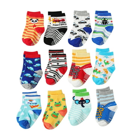 

Rovga Little Boys Girls Socks 12 Pack Baby Toddler Unisex Socks Baby Girl Boy Cartoon Prints Non Slip Floor Socks