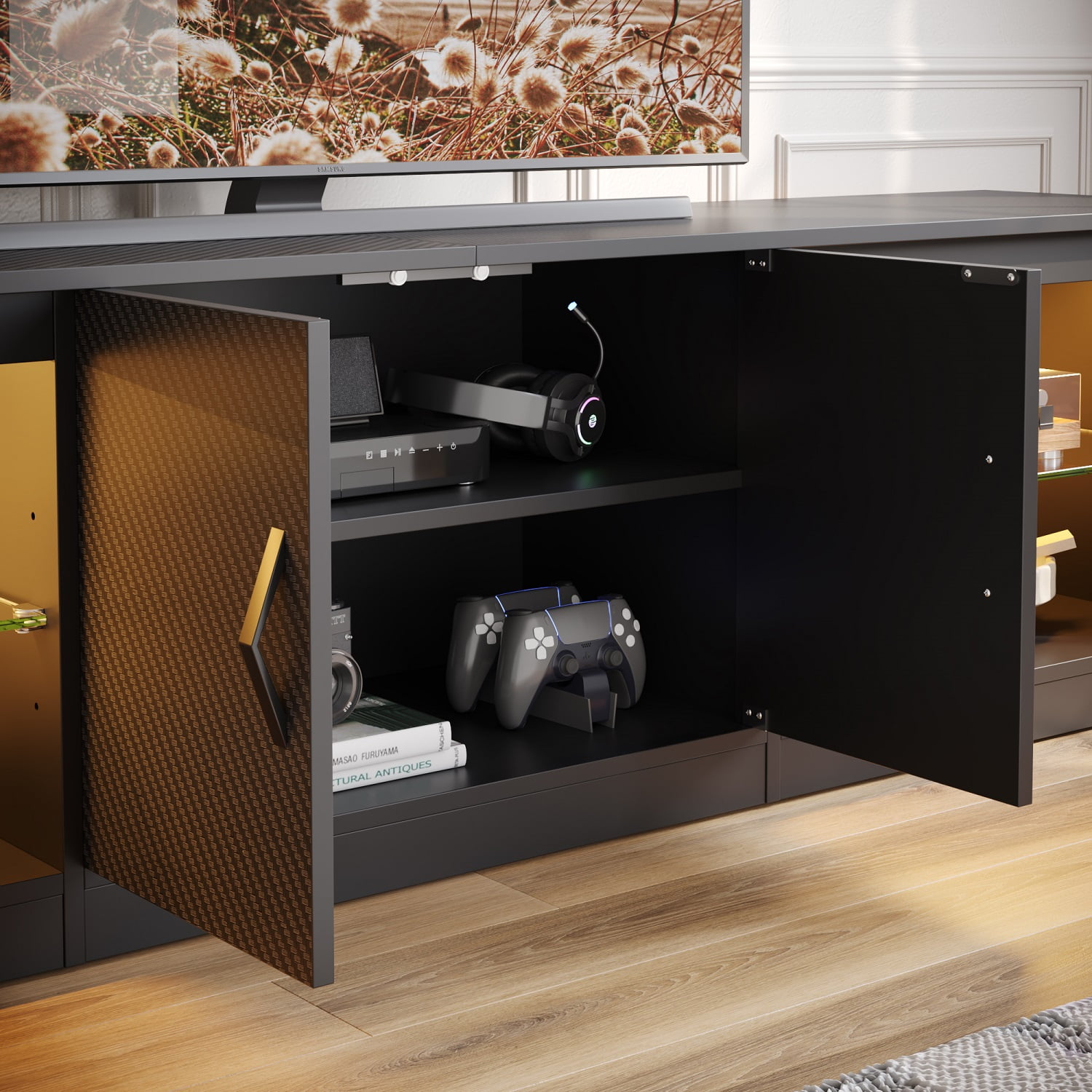 Bestier TV Stand for TVs up to 75" with Storage Cabinet, Entertainment Center for TVs with LED Light for Living Room, Carbon Fiber