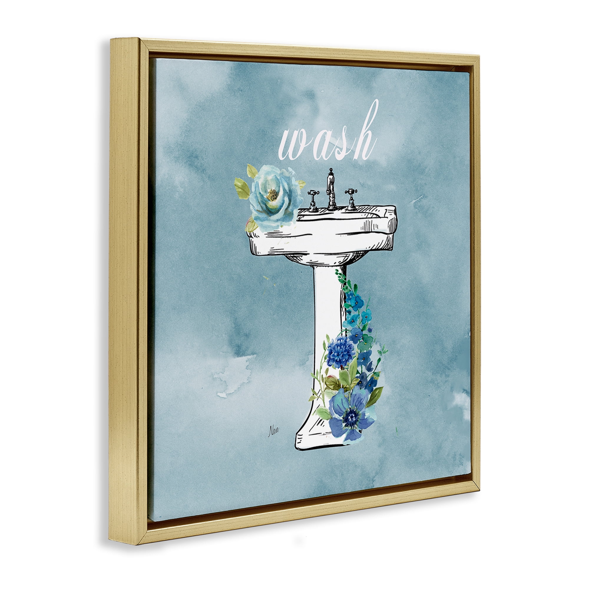 Stupell Industries Floral Bathroom Rules Wash Gold Framed Floater Canvas Wall Art, design by Nan