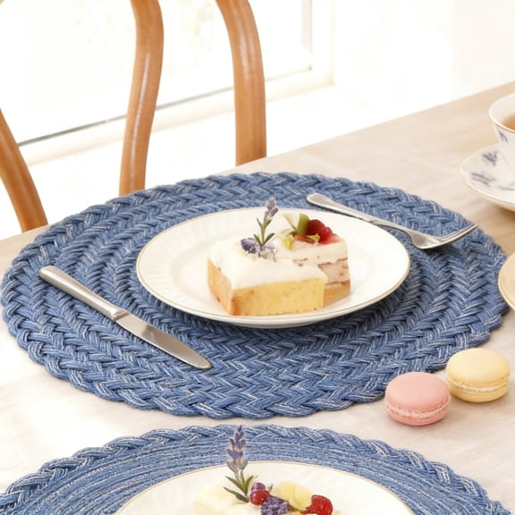 6 Pack Blue 15 Inch Round Braided Placemats, Cotton Polyester Woven Heat Resistant Dining Table Decor for Indoor, Outdoor & Party Use