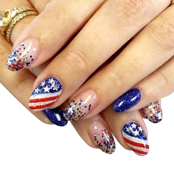 4th of July Press on Nails Medium Square Fake Nails Ombre French Tip Acrylic Nails Glossy Glue on Nails Red Blue Gradient False Nails with Stars Design Independence Day Stick on Nails for Women 24Pcs