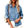 thumbnail image 6 of Edvintorg Denim Tops for Women Turndown Collar Long Sleeve Casual Loose Button Down Jean Shirt with Pockets Womens Trendy Clothes Light Blue L, 6 of 8