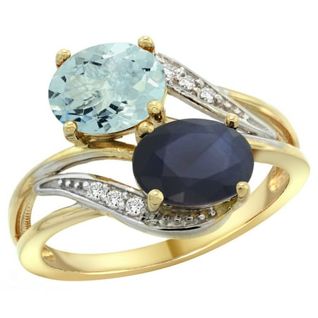 Natural Blue Sapphire Ring - 14K Yellow Gold Diamond Natural Aquamarine & Blue Sapphire 2-stone Ring Oval 8x6mm, sizes 5 - 10