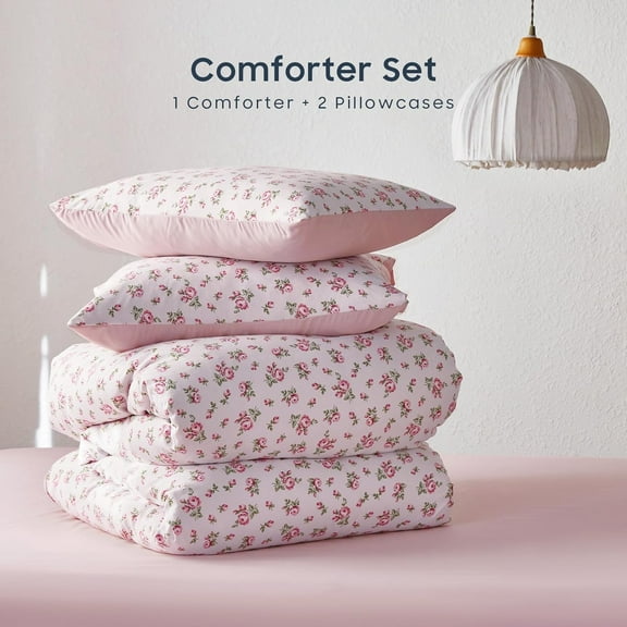 - Floral Comforter Set, Coquette Cottagecore Aesthetic Flower Shabby Chic Pattern for Women Teen Girls, Soft Lightweight Bedding, 3 Pieces, Pink, Queen Size