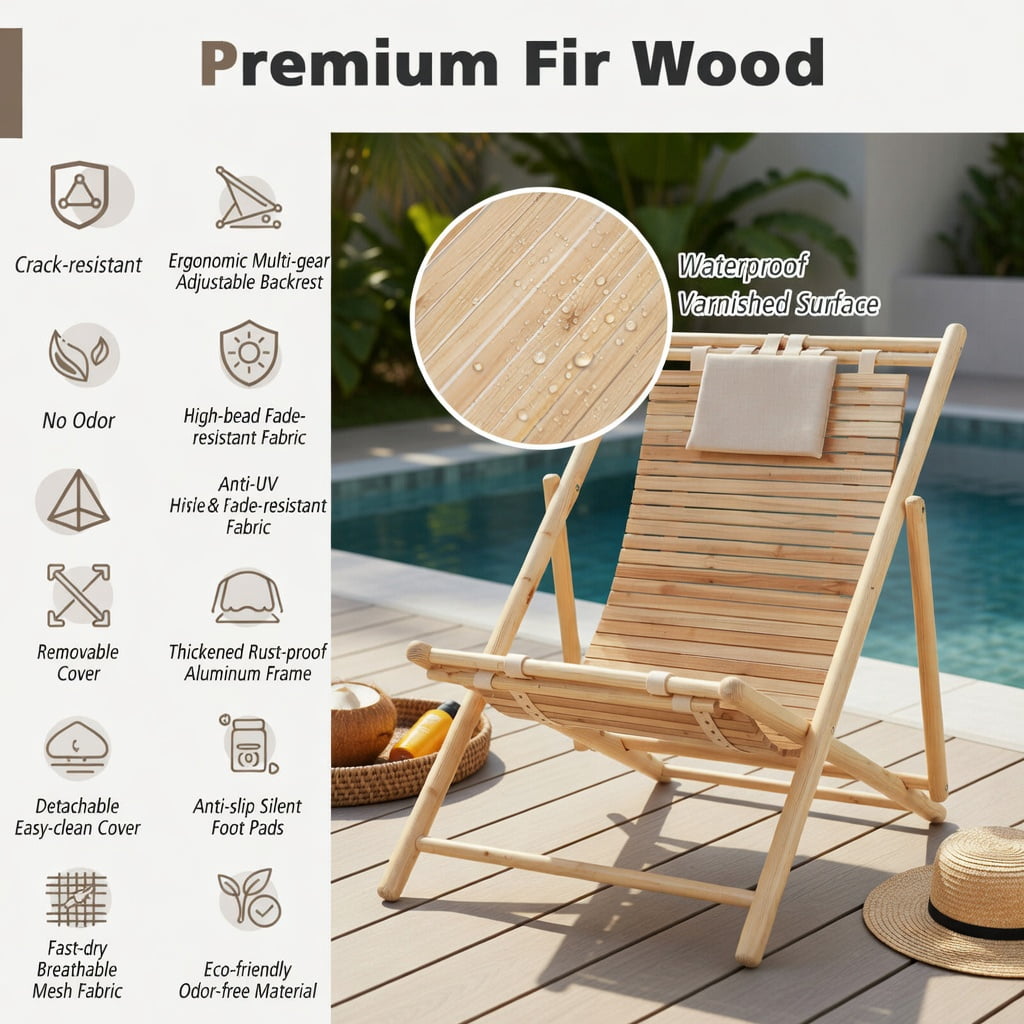 Hommoo Solid Fir Wood Folding Lounge Chair with 3-Position Adjustable Backrest & Plush Padded Headrest, for Patio, Backyard, Porch, Natural
