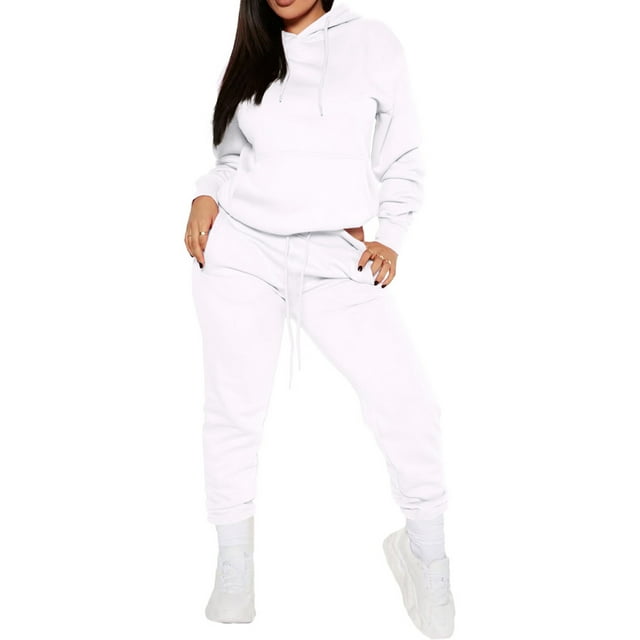 MAWCLOS Ensemble de Jogging pour Femmes à Manches Longues Deux Pièces Sweat à Capuche et Pantalon de Survêtement Blanc m