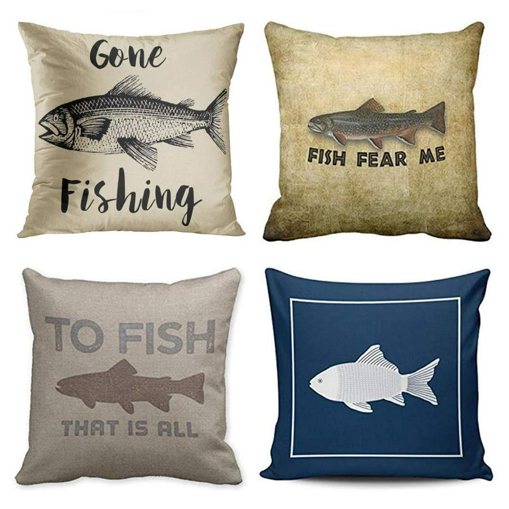SUFAM Set of 4 Pillow Cases Fish Fisherman Gone Fishing Rustic Vintage