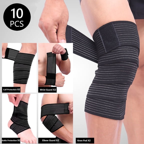 Black-10pcs Extra Long Elastic Knee Wrap Compression Bandage Brace Support for Legs, Plantar Fasciitis, Stabilising Ligaments, Joint Pain, Squat, Basketball, Running, Tennis, Soccer, Football
