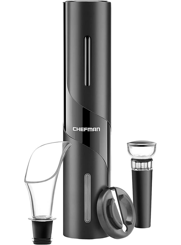 Chefman Electric Wine Opener Corkscrew w/ Foil Cutter, Pourer, Vacuum Stopper - Black, New