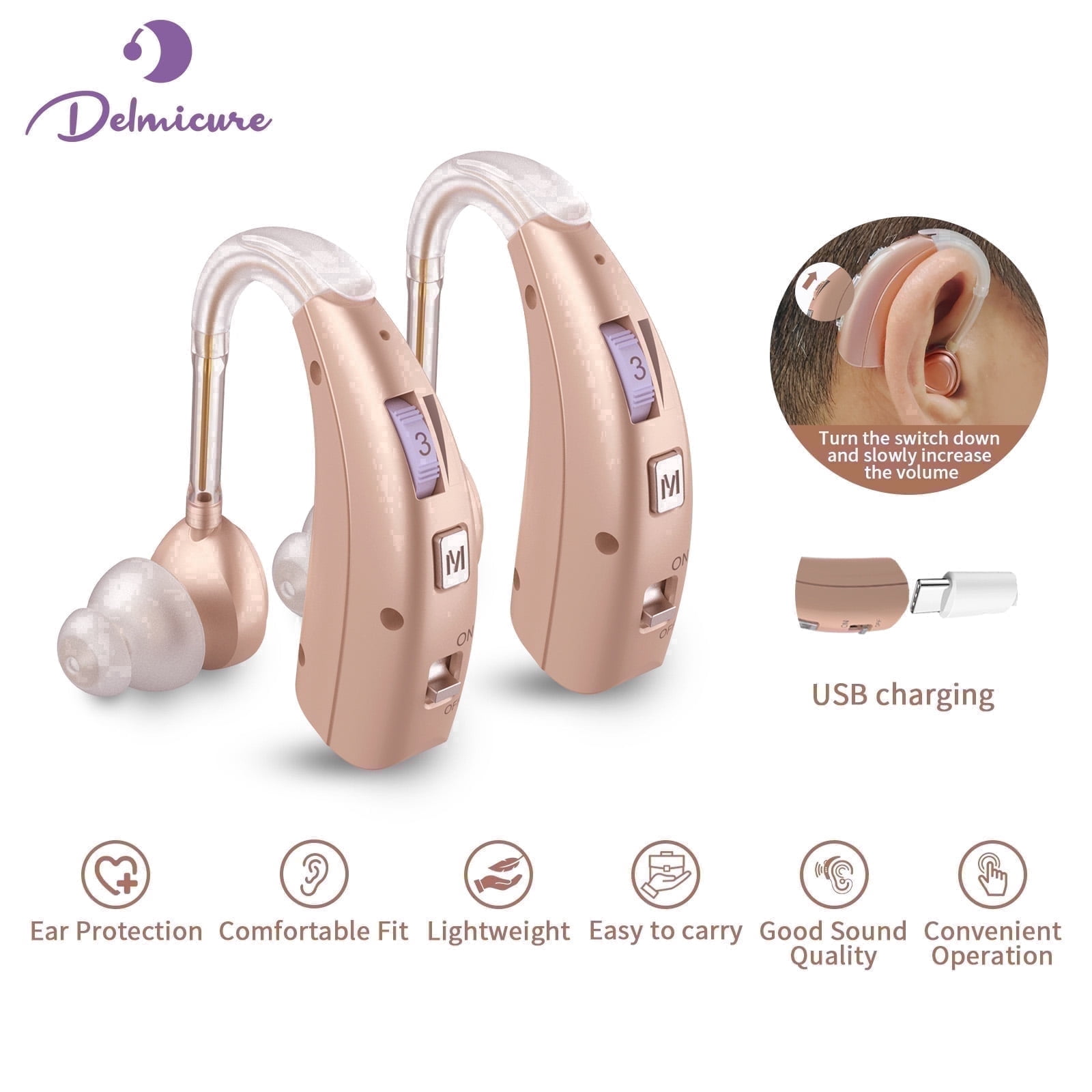 Delmicure Digital Hearing Aids for Seniors, Rechargeable, Pair, VHP-1303, Beige