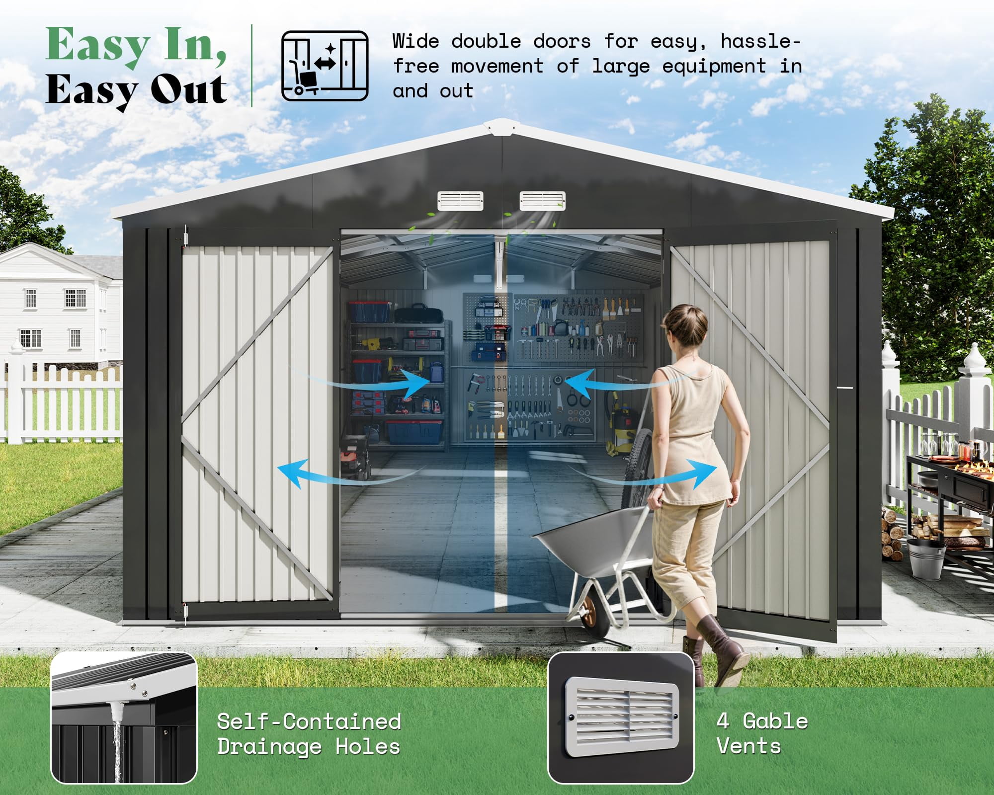 Jocisland, Metal Storage Shed, 12x20x7.2 ft, Gray with Windows and