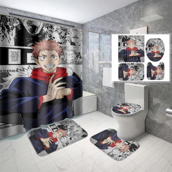 Lheaggik Anime Jujutsu Kaisen 4 Pcs Bathroom Sets with Shower Curtain and Rugs, Waterproof Polyester Shower Curtain Sets with Hooks