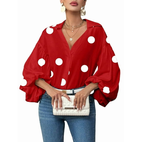 Women'S French Polka Dot Half-Open Collar Loose Bubble Long Sleeve Top Red Polka Dots XXL