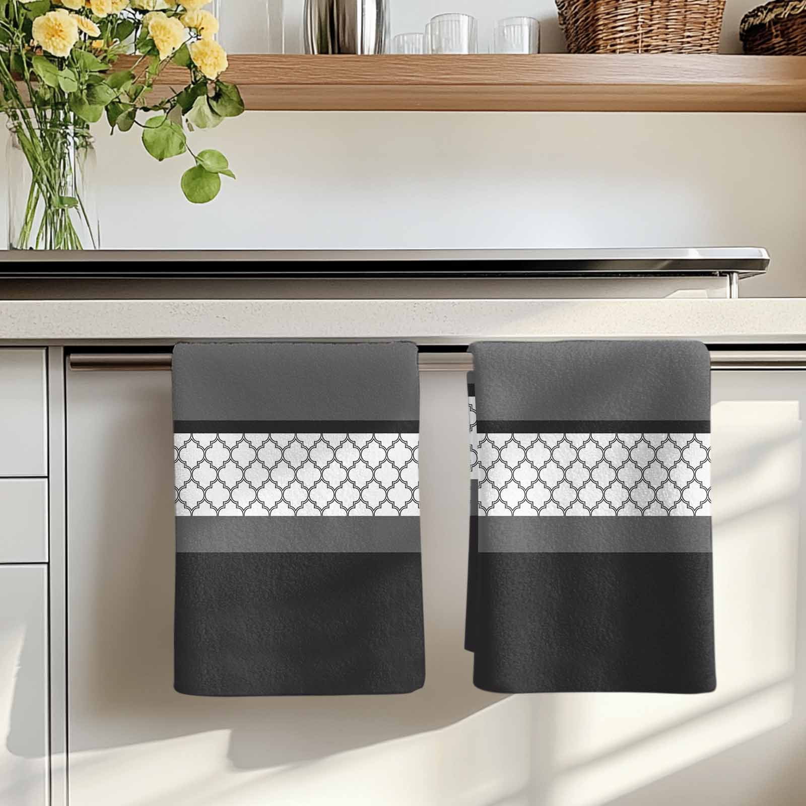 Dish Towels, Black Gray Geometric Absorbent Kitchen Towels 2 PCS, Stitching Morocco Pattern Microfiber Hand Towels Dish Cloths Tea Towels for Home&nbsp;Bathroom Cleaning Drying,18X28-Inch,