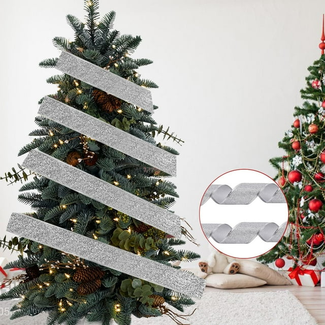 Cintas Cinta plateada navideña de 2 m con diseño de árbol de Navidad para envolver regalos y decorar en Navidad (1 unidad) Rkxzt