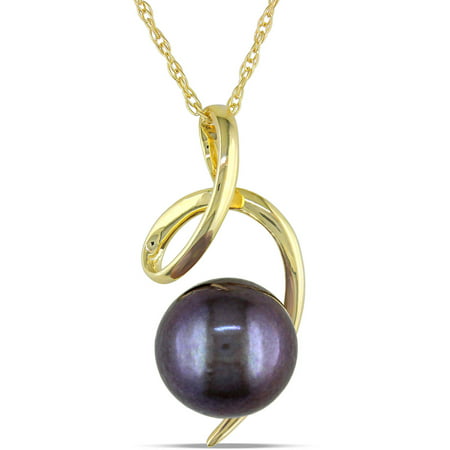 8-8.5mm Black Round Cultured Freshwater Pearl 10kt Yellow Gold Twist Pendant, 17
