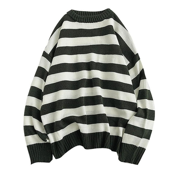 GBSYEWXS Men Pullover Sweaters Long Sleeve Pullover Gentleman Striped Print Outdoor Army Green Crew Neck Sweater