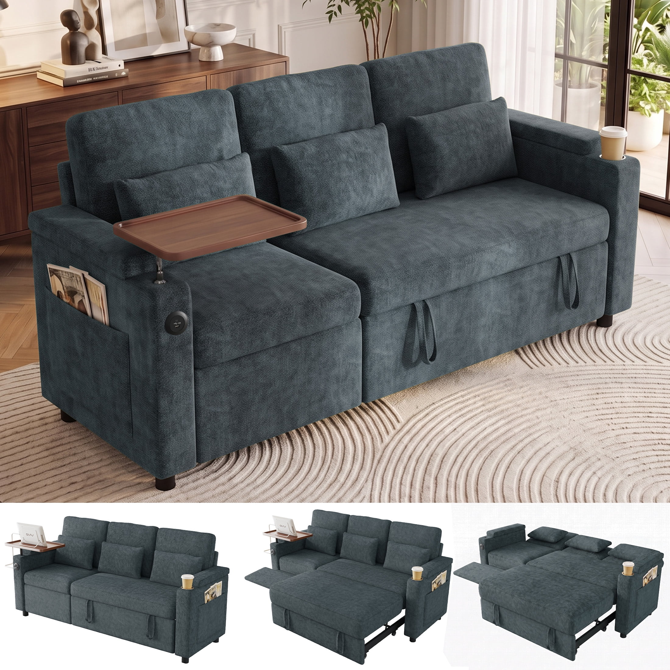 Aenkyo 81" 3-in-1 Convertible Sleeper Sofa with Pull Out Bed and Recliner, Adjustable Backrest, Blue