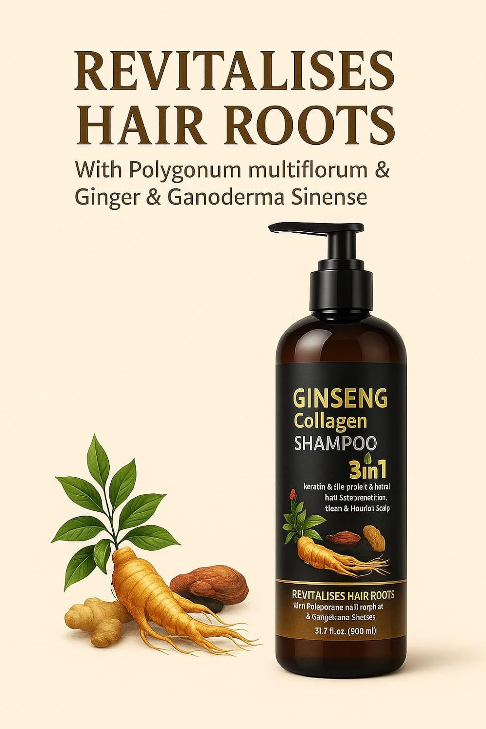 900ML X-Large 3in1 Ginseng Collagen Shampoo with Ginger extract, Hair Loss Prevention with Keratin & Silk Protein | Strengthens & Revitalizes Hair Roots for Thicker, Healthier Hair