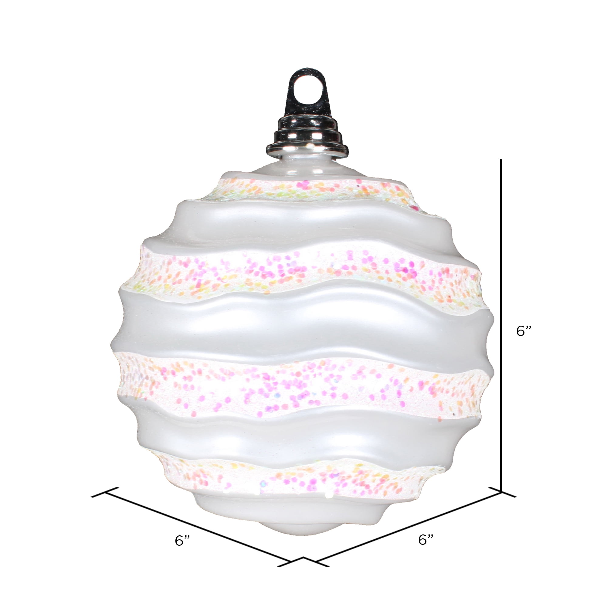 Vickerman 6" White Stripe Candy Finish Wave Ball Christmas Ornament with Glitter Accents
