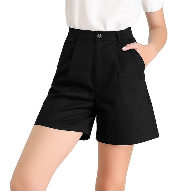 Allegra K Bermudas De Algodón De Pierna Recta Hasta La Mitad Del Muslo De Cintura Alta Para Mujer Negro L