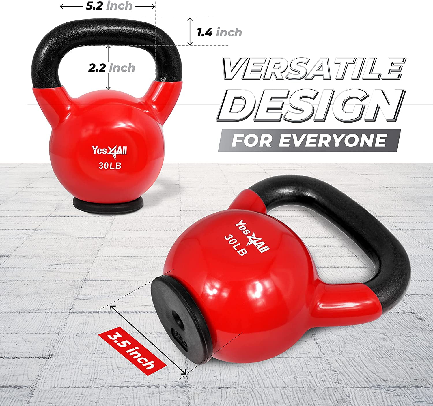 Yes4All 30lb Vinyl Coated / PVC Kettlebell with Rubber Base, Red, Single