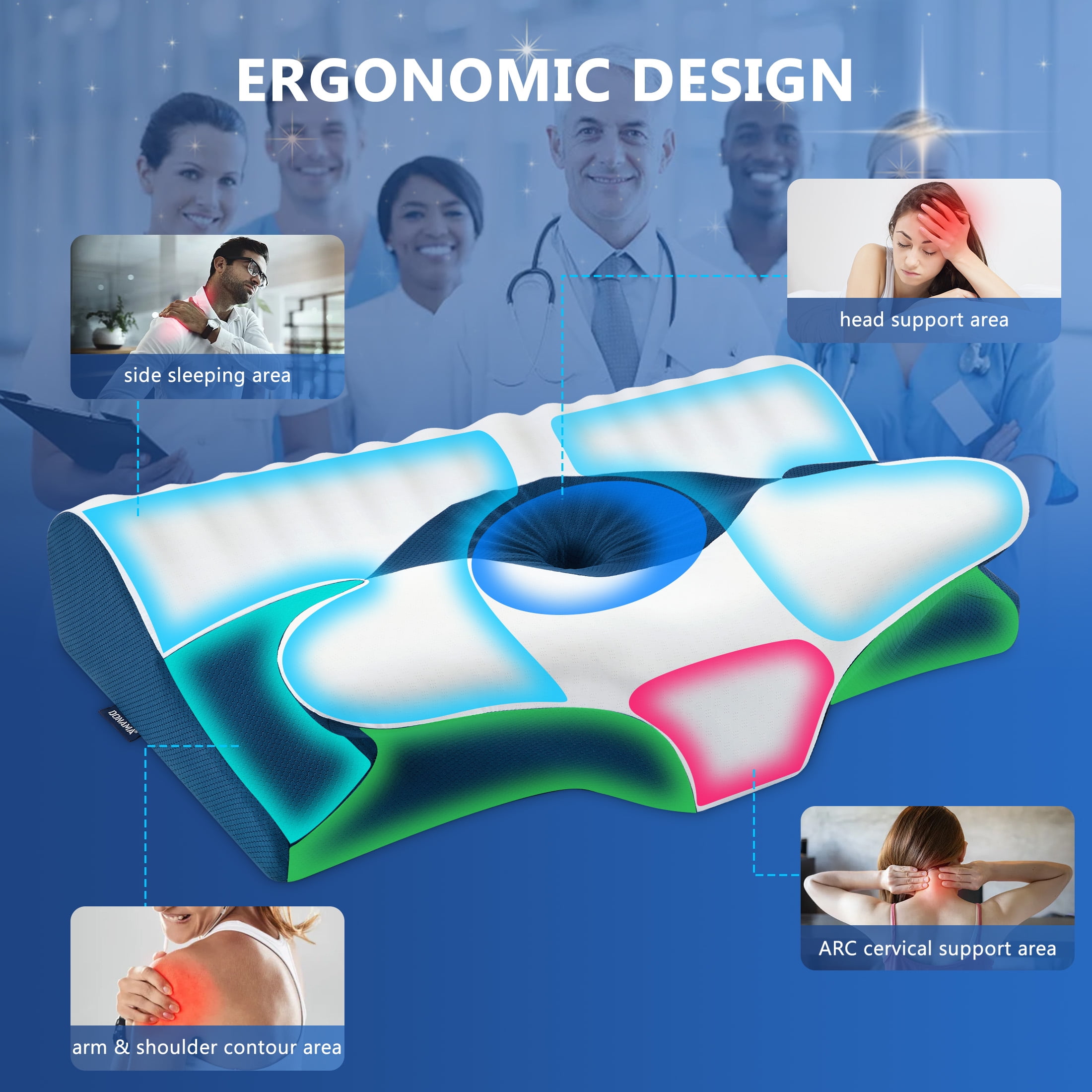 DONAMA Cervical Neck Pillow for Pain Relief Sleeping,Memory Foam Pillow with Breathable Pillowcase,Orthopedic Ergonomic Contoured Support for Side,Back and Stomach,Queen Size 23.62"×14.17"×4.72" Blue