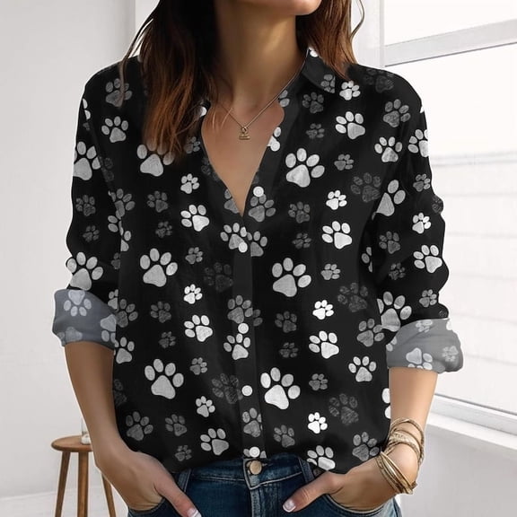 Dog Pattern Linen-Look Shirt, Dog Footprints Blouses Shirt,Dog Women Shirt For Summer,Cute Pet Shirt,2025 Vacation Shirt For Her