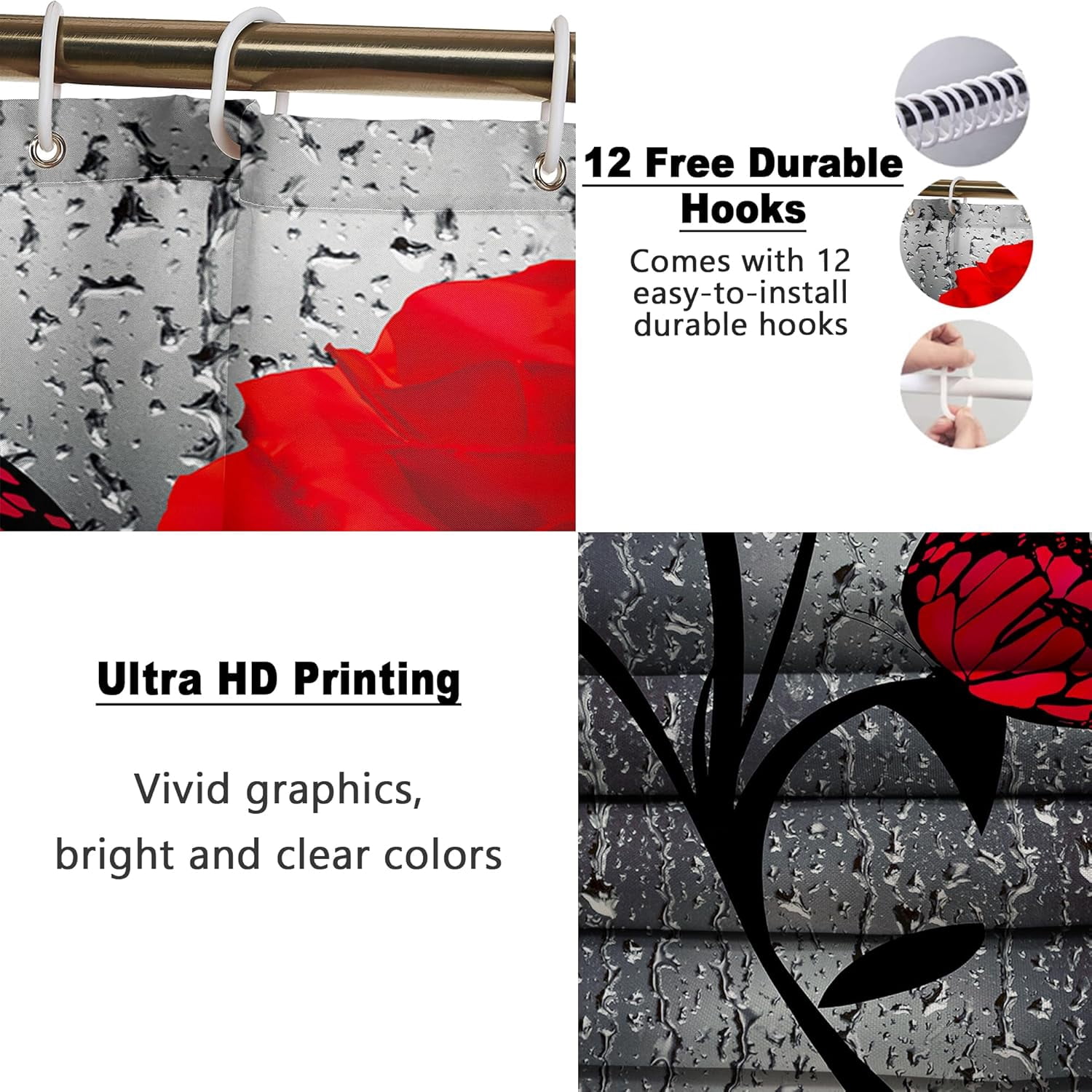 4 Pcs Bathroom Set,Orange Rose Shower Curtain Sets, Romantic Shower Curtain Sets with Rugs(Bath Mat,U Shape and Toilet Lid Cover Mat) and 12 Hooks