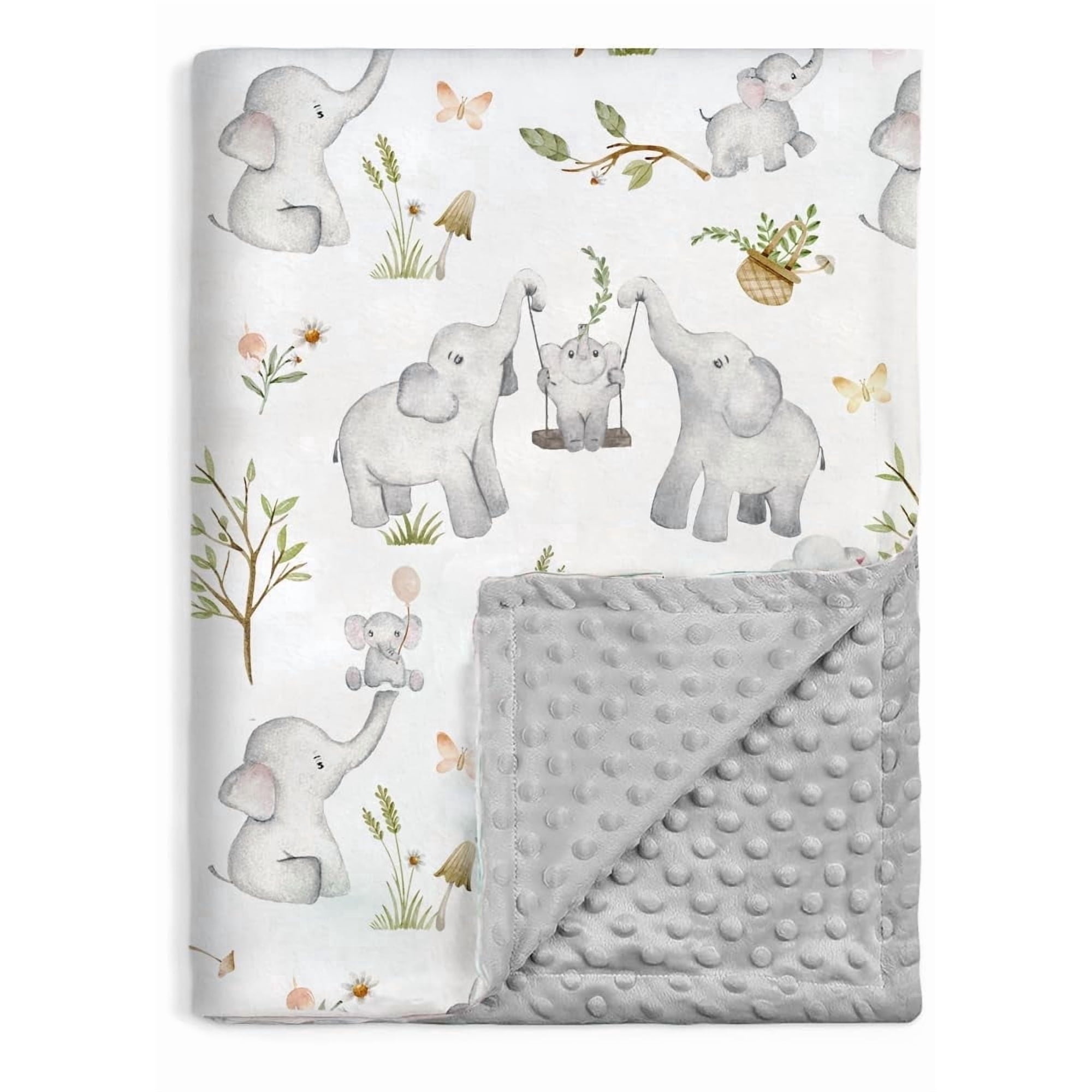 BOPRIO Baby Blankets for Unisex Boys Girls, Super Soft Nursery Minky Blankets with Baby Elephant Design and Dotted Fleece Backing, Printed Bed Throws Newborn