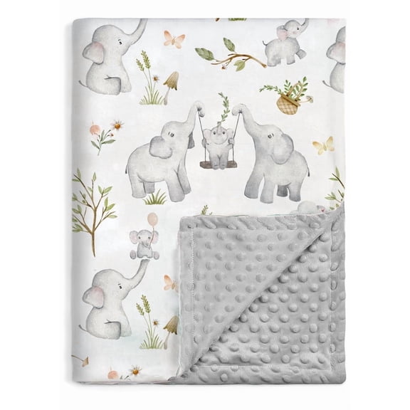 BOPRIO Baby Blankets for Unisex Boys Girls, Super Soft Nursery Minky Blankets with Baby Elephant Design and Dotted Fleece Backing, Printed Bed Throws Newborn