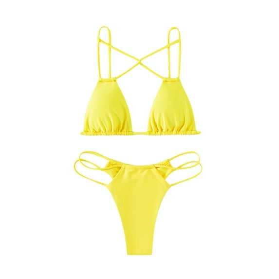 Seyurigaoka 2 Pcs Women's Summer Split Bikini Set Cross Bandage Padded Bra + Low Waist Thong Swimsuit Bathing Clothes Suit