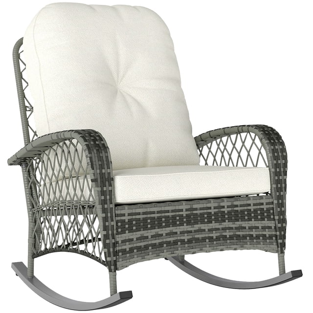 Khaki Outdoor Rattan Rocking Chair with Cushions - Patio Wicker Rocker for Garden, Backyard & Porch - Steel Frame, 29.5" x 37.8" x 36.2"