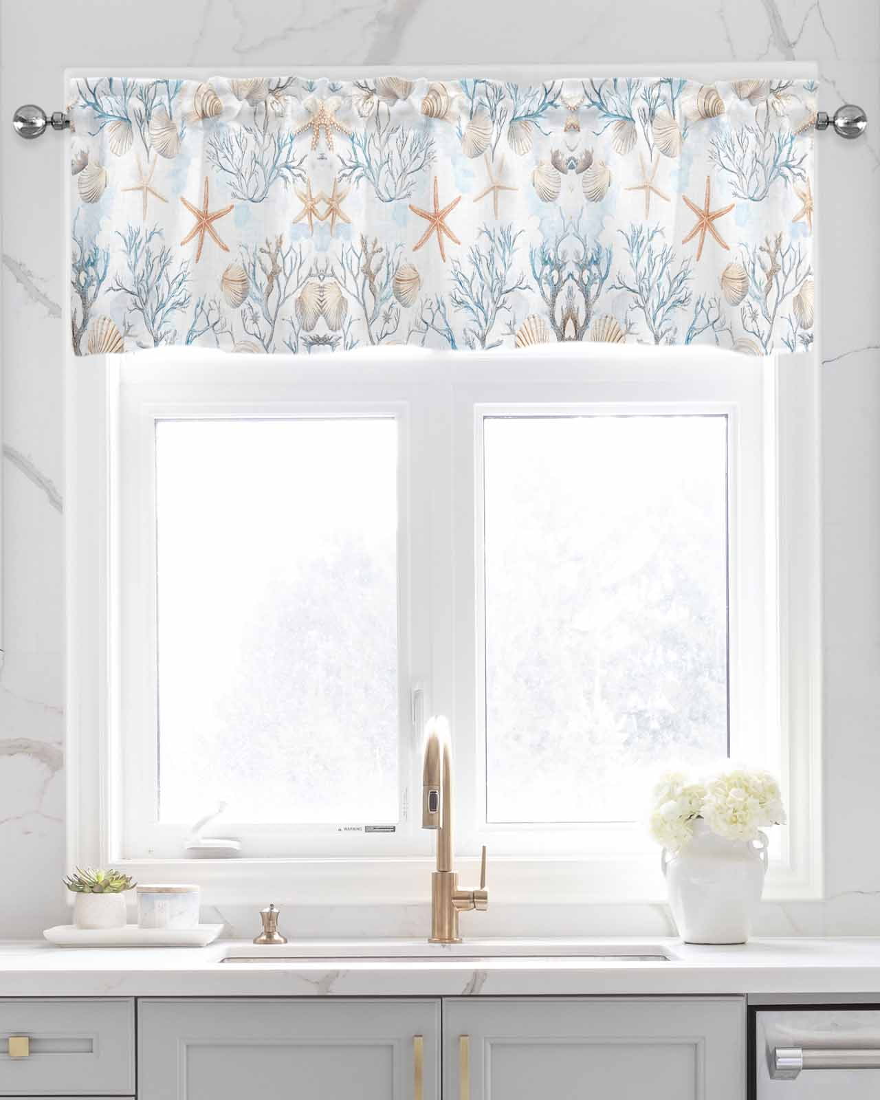 Beach Coastal Kitchen Valances for Windows Farmhouse Linen Window Valance Curtain for Living Room Window Treatment Nautical Summer Starfish Coral Sea Valance Rod Pocket Topper Drape, 42 x 18 Inch