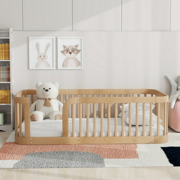 Euroco Twin Size Floor Bed with Fence for Kids and Toddlers, Natural