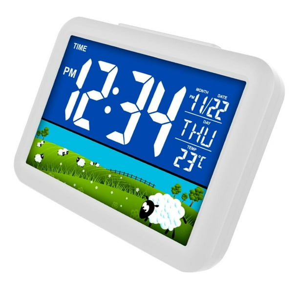 Radio reloj despertador LCD con pantalla a color, termómetro y calendario. Pradera