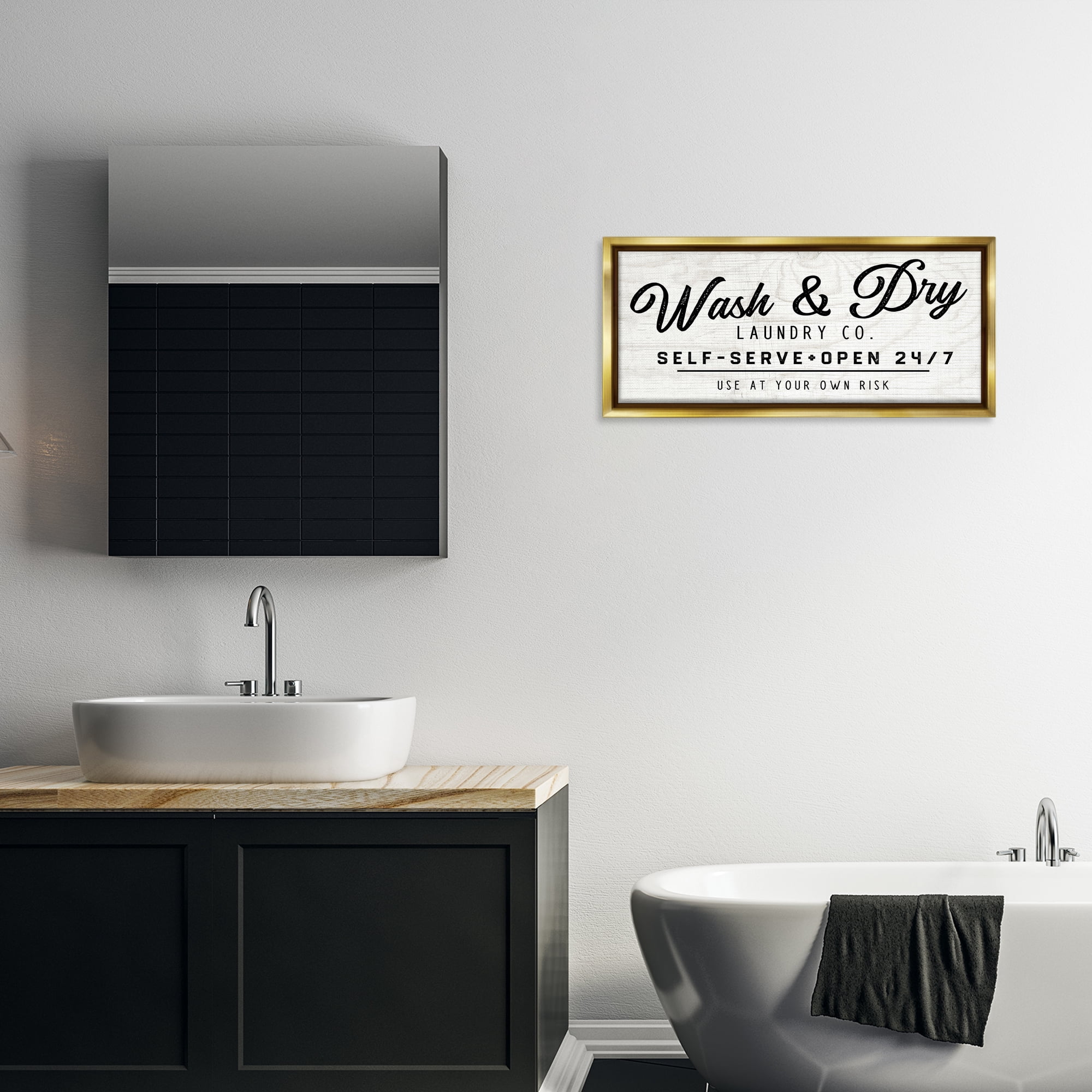 Stupell Industries Self Service Laundry Typography Painting Gold Floater Framed Art Print Wall Art, 31 x 14