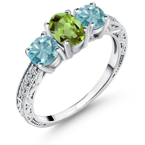 Gem Stone King 2.70 Ct Oval Green Peridot Blue Zircon 925 Sterling Silver Ring (Size 7)