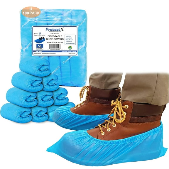 ProtectX Disposable Shoe & Boot Covers, 100-pack (50 pairs), Waterproof, Slip Resistant, Boot & Shoe Covers, Durable CPE plastic, Fits up to Men’s 10.5 US Size and Women’s 12 US Size Shoes
