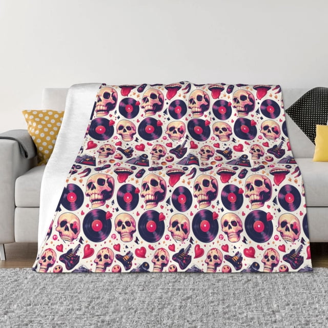 Fotbe Skull lips record Guitar Manta de Franela con Estampado, Manta Ultrasuave para Cama, Sofá, Auto, Hipoalergénica y Antibolitas-60"x50"