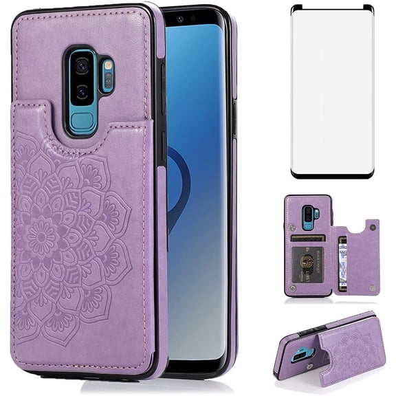 Design for Samsung Galaxy S9 Wallet Case with Screen Protector PU Leather Card Holder Slot Phone Case,Stand Kickstand Flip Protective Cover for Galaxy S9 9S GS9 Girls Women 5.8 inch Purple