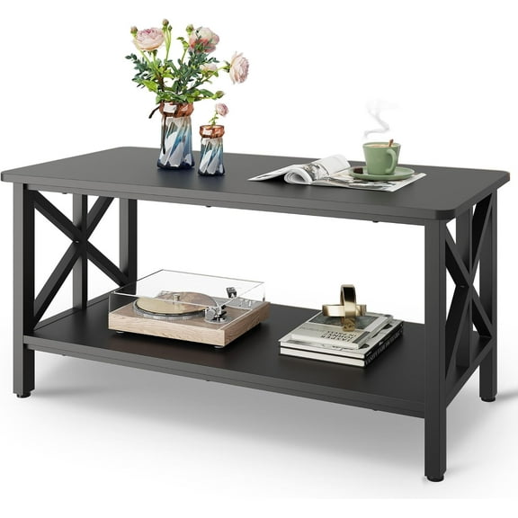 ANHXN Coffee Table for Living Room, Center Table with Round Corners, Storage Shelf, Farmhouse Style Small Coffee Table with Metal Frame,