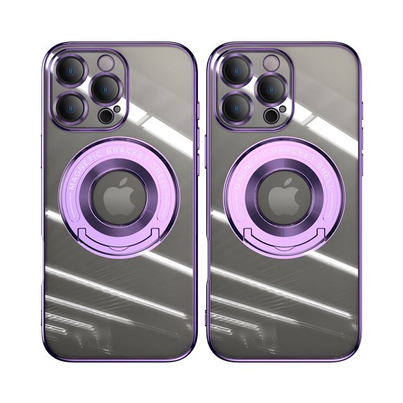 ELEHOLD Plating Case for iPhone 16 Pro Max,Transparent Clear Back Magnetic Compatible with Mag Safe Charging Foldable Kickstand Shockproof Anti-Yellowing Case for iPhone 16 Pro Max,Lightpurple
