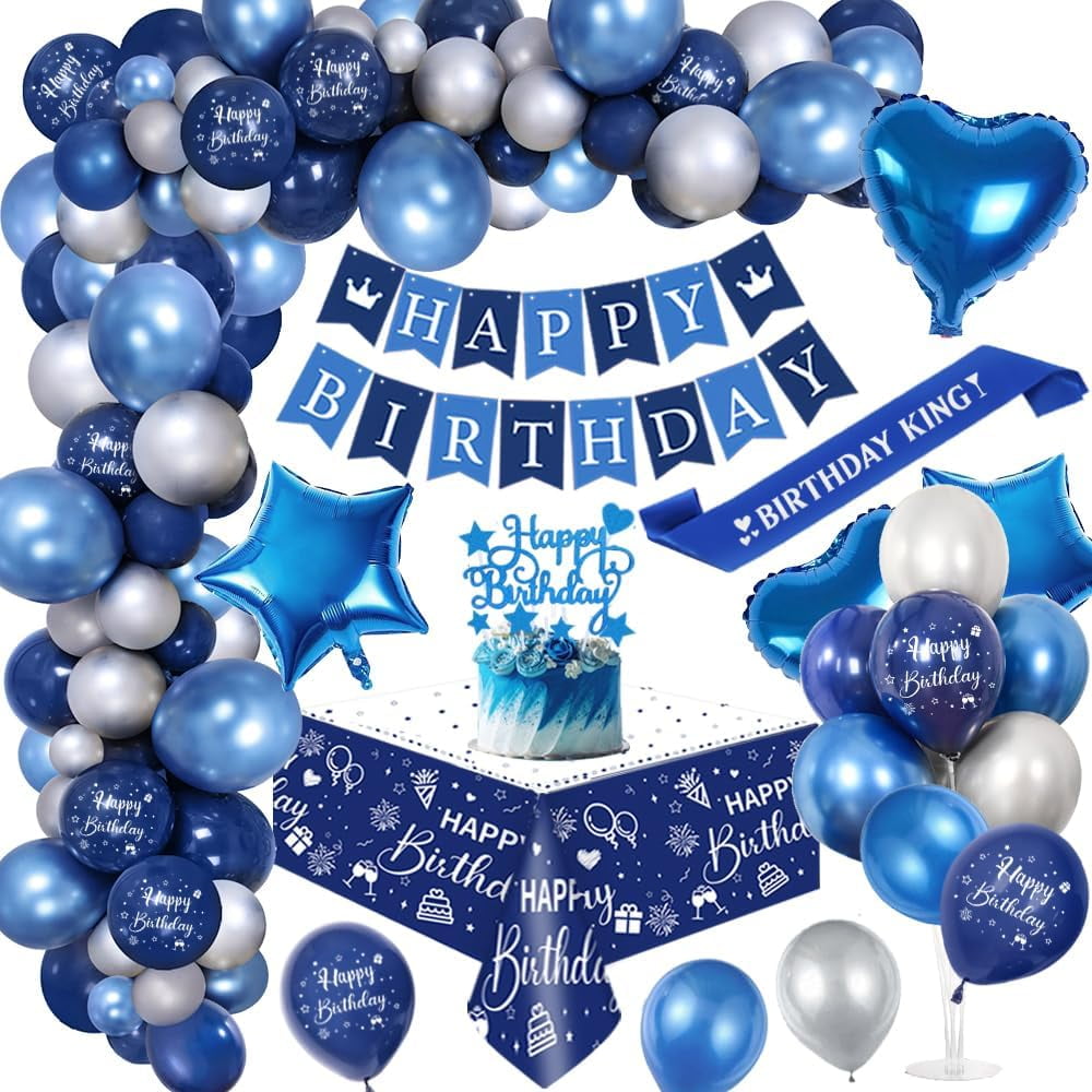 AYUQI Chrome Blue Silver Birthday Party Decorations Men Royal Blue Balloon Arch Kit with Banner Cake Topper Tablecloth Sash